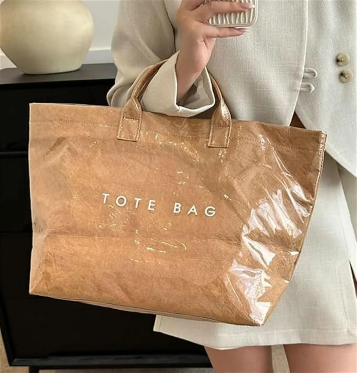 Women Letters Print Tote Bag,Fashion Kraft Paper Clear Plastic Handbag,Solid Color Large Capacity Waterproof PVC Work Bag
