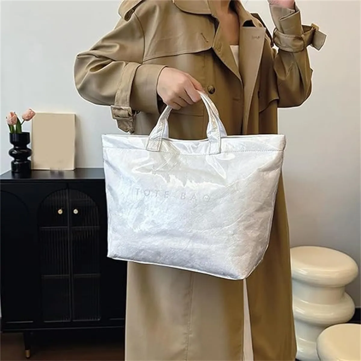 Women Letters Print Tote Bag,Fashion Kraft Paper Clear Plastic Handbag,Solid Color Large Capacity Waterproof PVC Work Bag