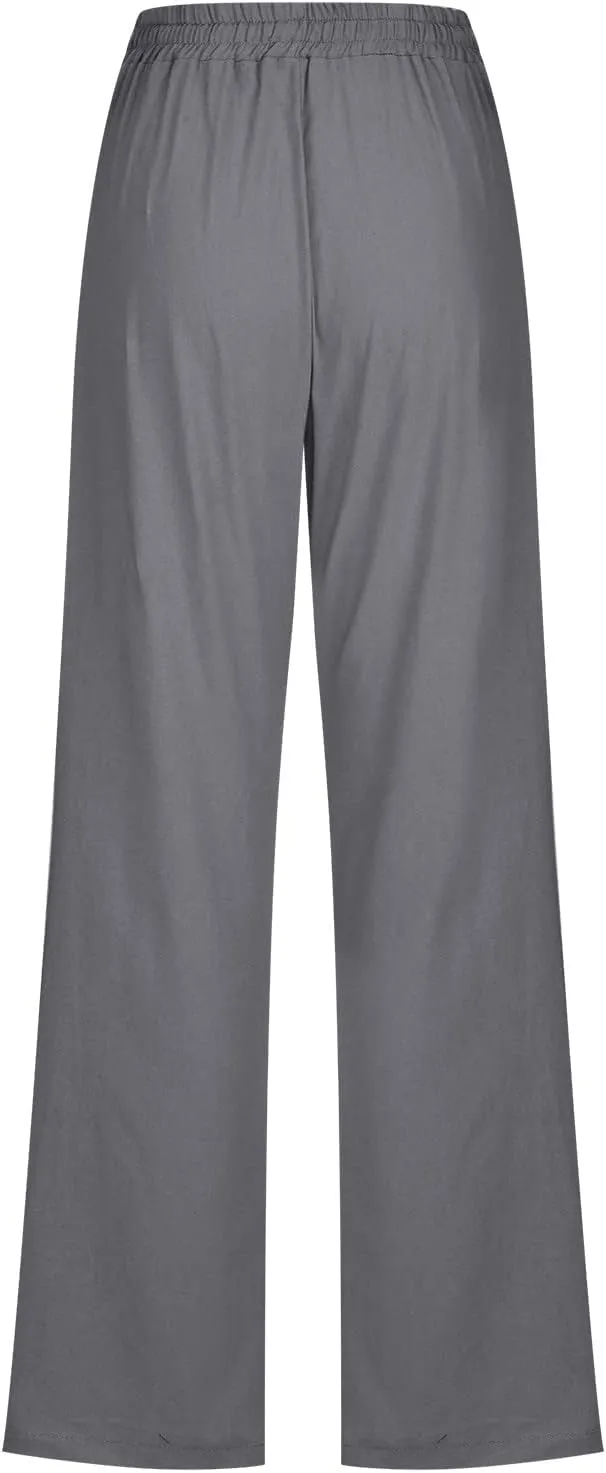 Women Linen Pants 2025 Casual Drawstring High Waisted Summer Pants Baggy Straight Leg Lounge Long Trousers with Pockets