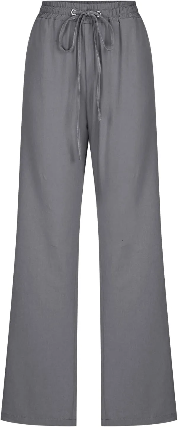 Women Linen Pants 2025 Casual Drawstring High Waisted Summer Pants Baggy Straight Leg Lounge Long Trousers with Pockets