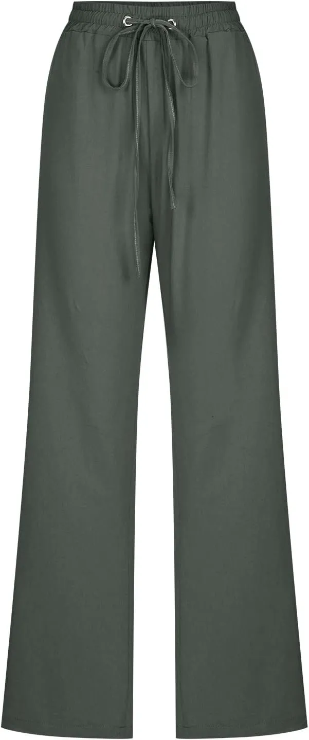 Women Linen Pants 2025 Casual Drawstring High Waisted Summer Pants Baggy Straight Leg Lounge Long Trousers with Pockets
