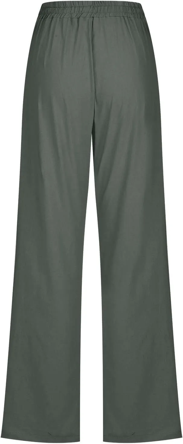Women Linen Pants 2025 Casual Drawstring High Waisted Summer Pants Baggy Straight Leg Lounge Long Trousers with Pockets