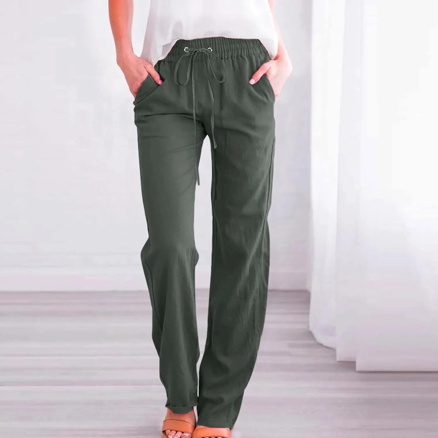 Women Linen Pants 2025 Casual Drawstring High Waisted Summer Pants Baggy Straight Leg Lounge Long Trousers with Pockets