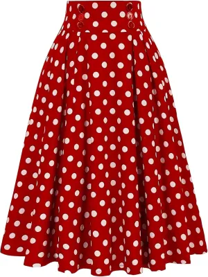 Women Long Skirt High Waist Button Midi Skirts Cute Polka Dots Print Pleated Skirt Relaxed Fit Flowy Casual Skirt