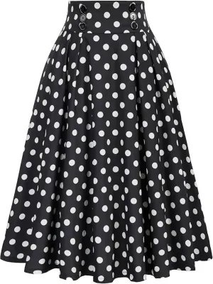 Women Long Skirt High Waist Button Midi Skirts Cute Polka Dots Print Pleated Skirt Relaxed Fit Flowy Casual Skirt