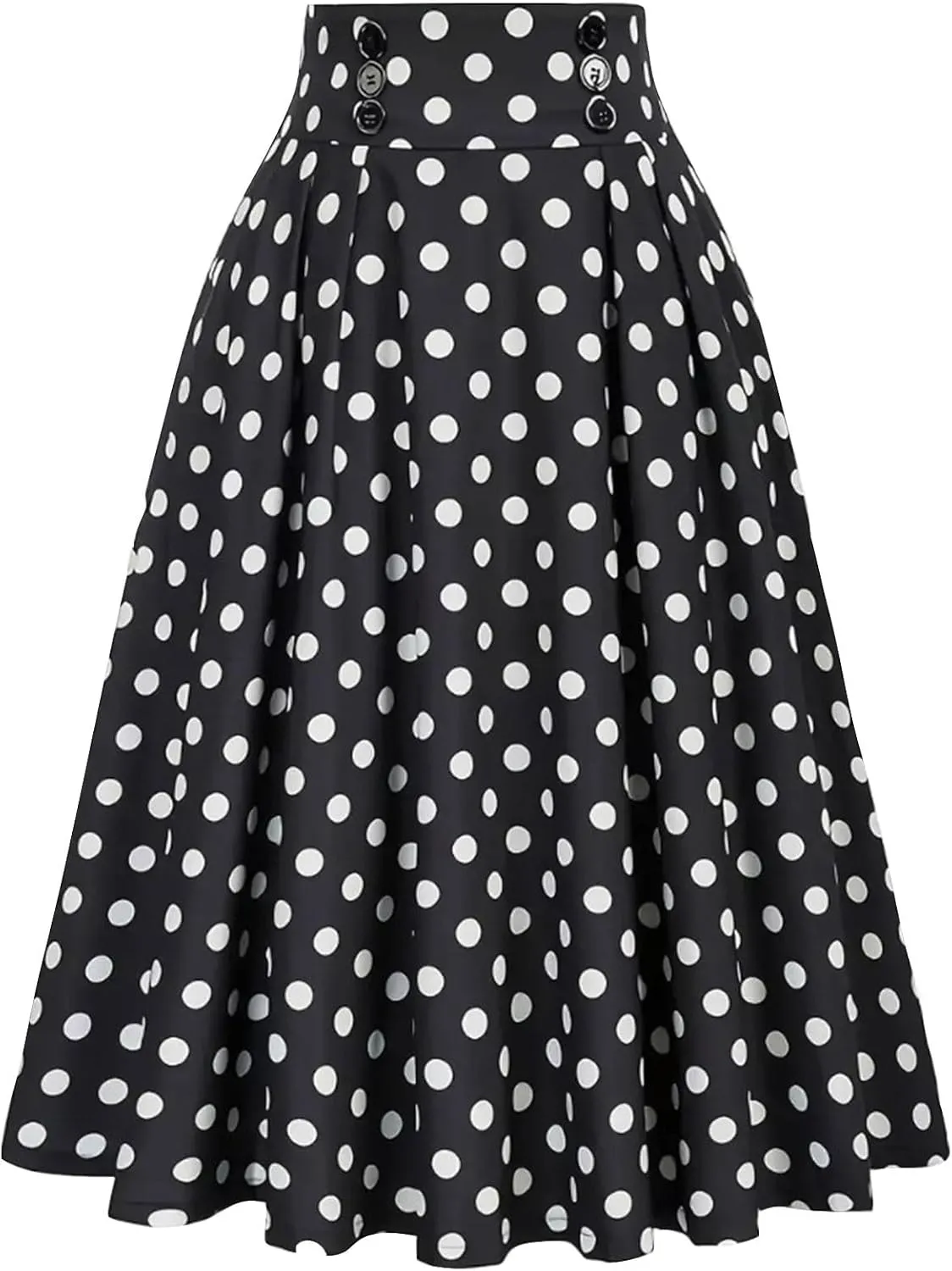 Women Long Skirt High Waist Button Midi Skirts Cute Polka Dots Print Pleated Skirt Relaxed Fit Flowy Casual Skirt