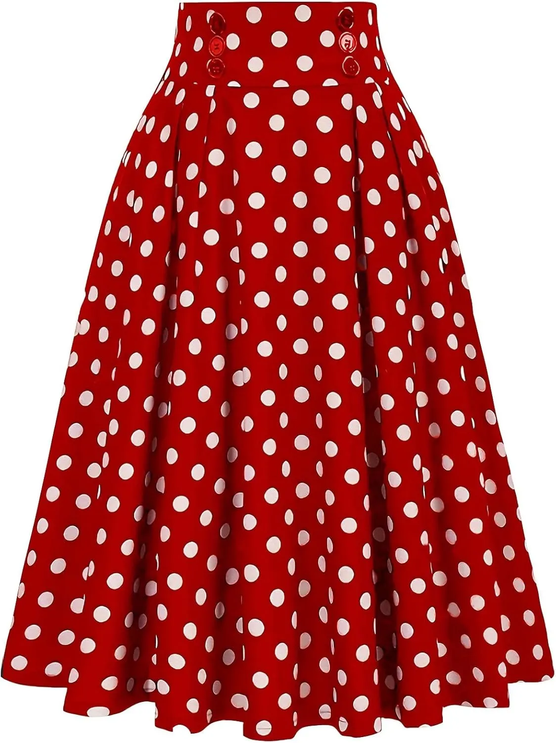Women Long Skirt High Waist Button Midi Skirts Cute Polka Dots Print Pleated Skirt Relaxed Fit Flowy Casual Skirt