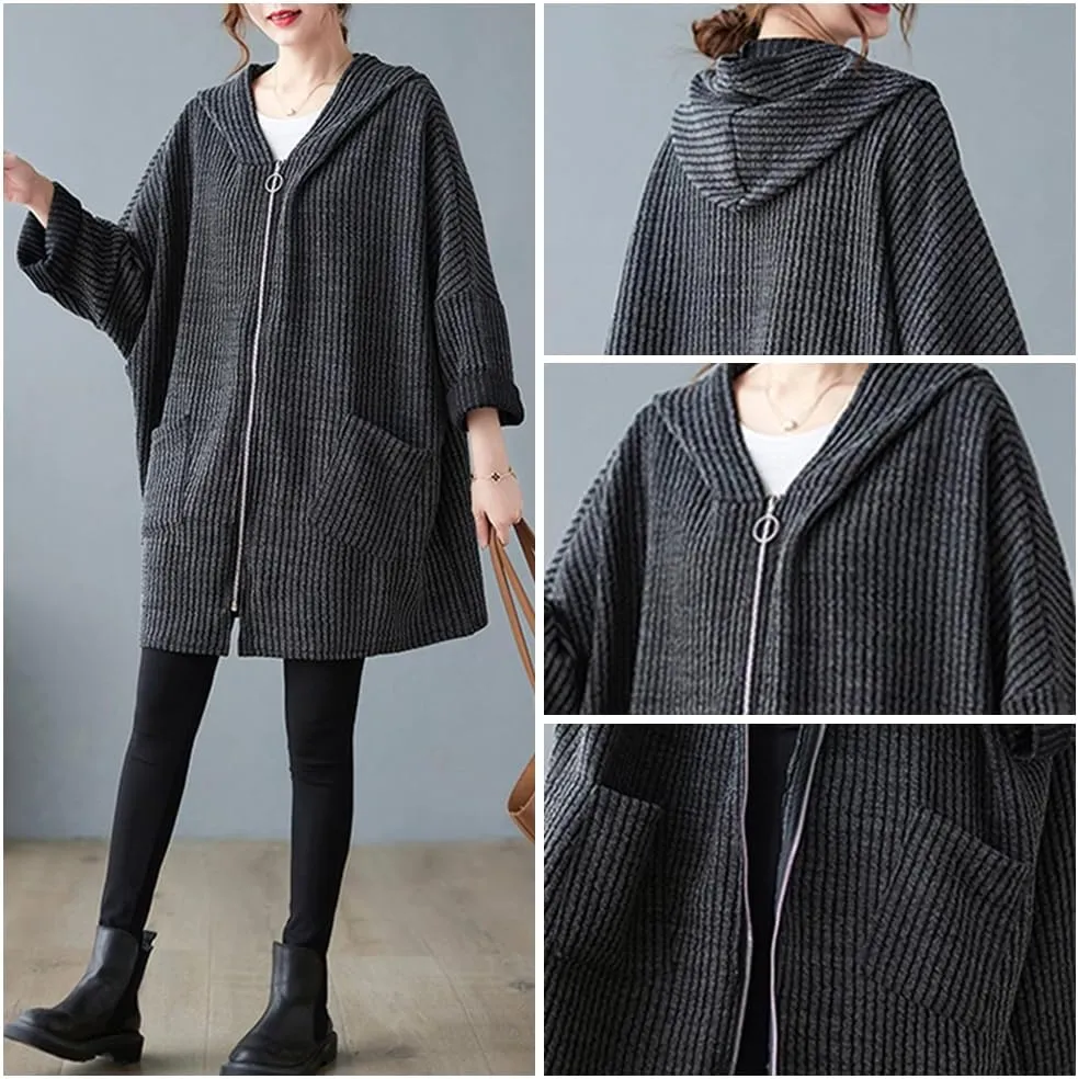 Women Oversized Zip up Loose Hoodies Pockets Autumn Winter Sweatshirt