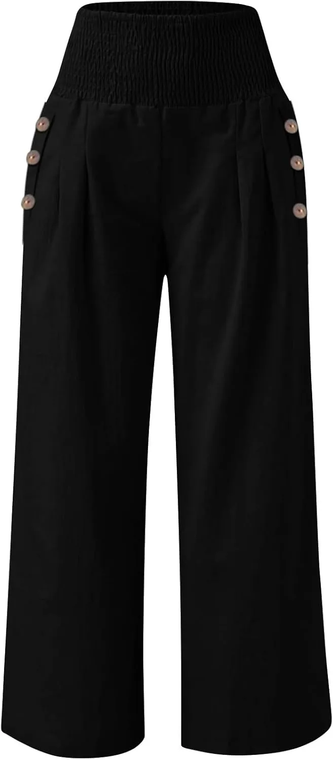 Women Palazzo Linen Pants Casual Summer Smocked Waisted Wide Leg Pants Beach Vacation Lounge Trousers with Pockets
