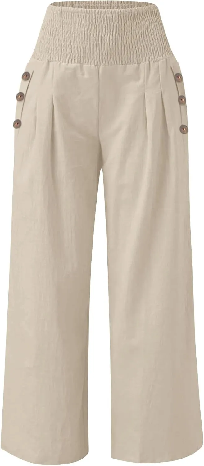 Women Palazzo Linen Pants Casual Summer Smocked Waisted Wide Leg Pants Beach Vacation Lounge Trousers with Pockets