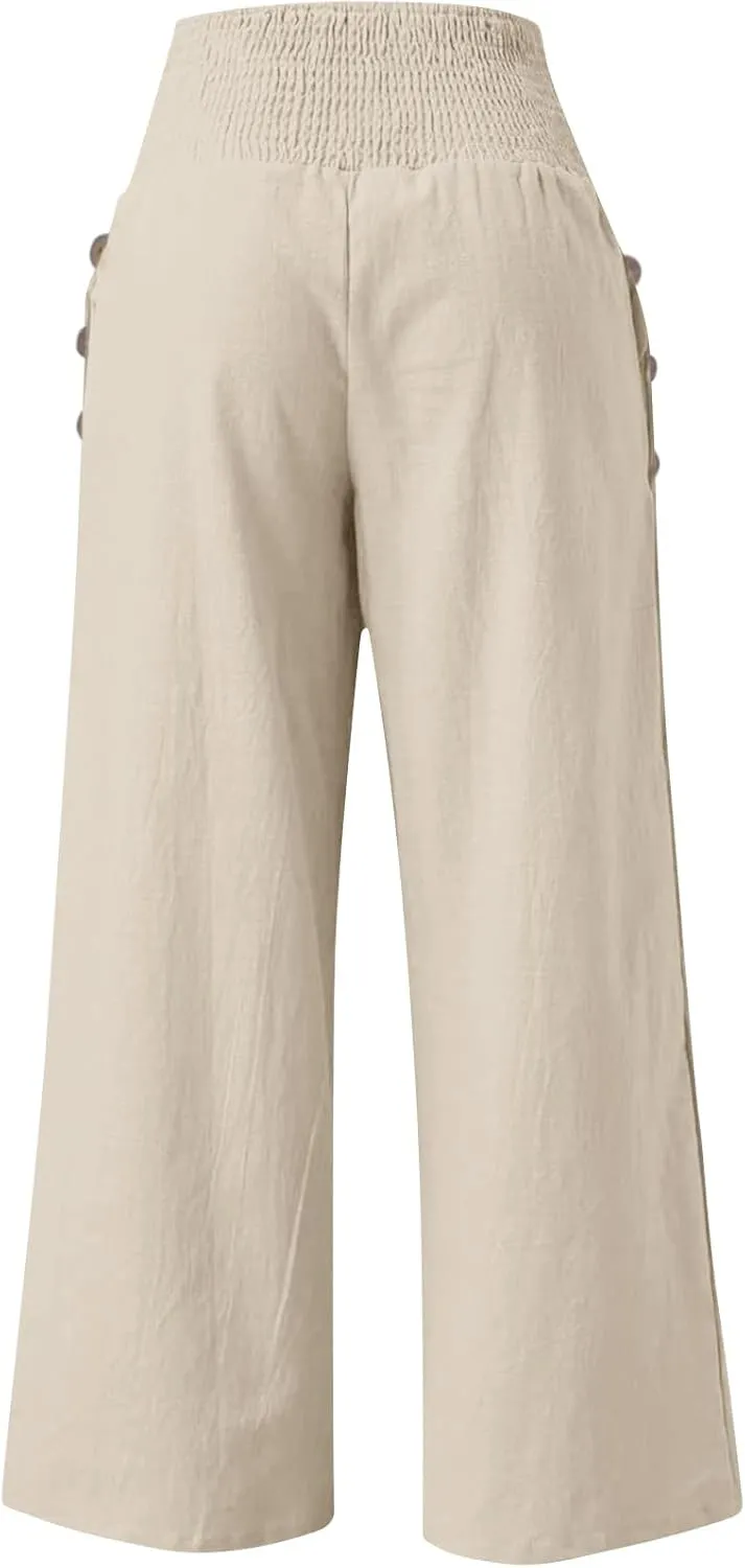 Women Palazzo Linen Pants Casual Summer Smocked Waisted Wide Leg Pants Beach Vacation Lounge Trousers with Pockets
