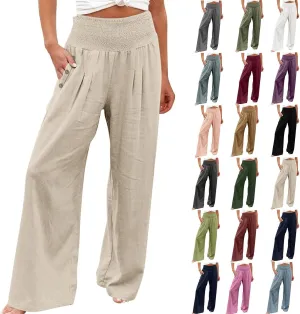 Women Palazzo Linen Pants Casual Summer Smocked Waisted Wide Leg Pants Beach Vacation Lounge Trousers with Pockets