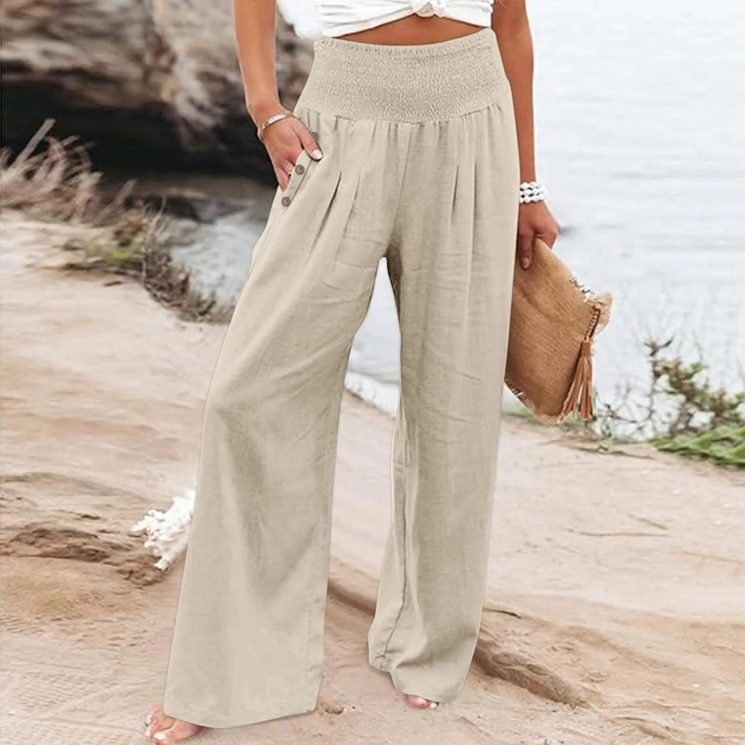 Women Palazzo Linen Pants Casual Summer Smocked Waisted Wide Leg Pants Beach Vacation Lounge Trousers with Pockets