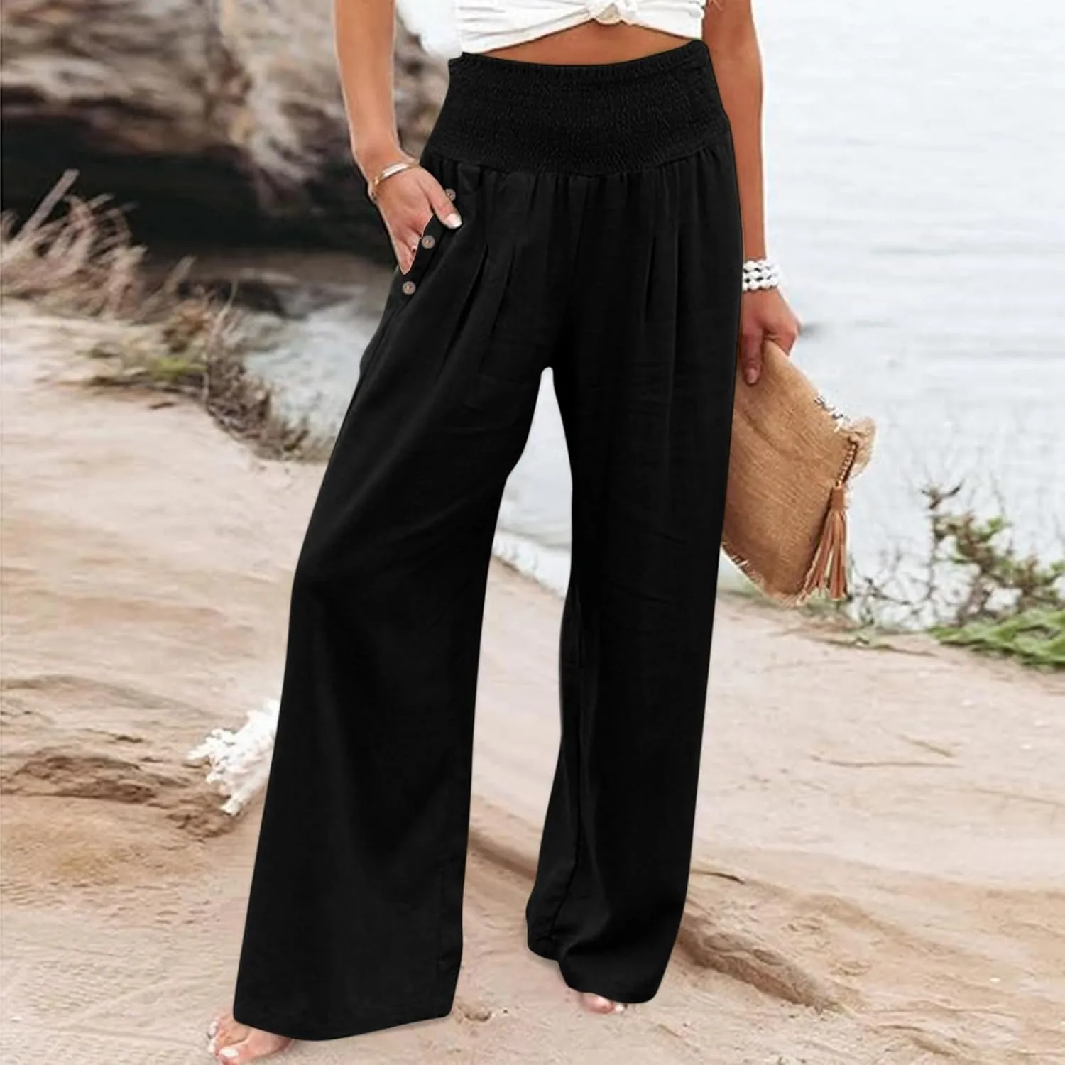 Women Palazzo Linen Pants Casual Summer Smocked Waisted Wide Leg Pants Beach Vacation Lounge Trousers with Pockets