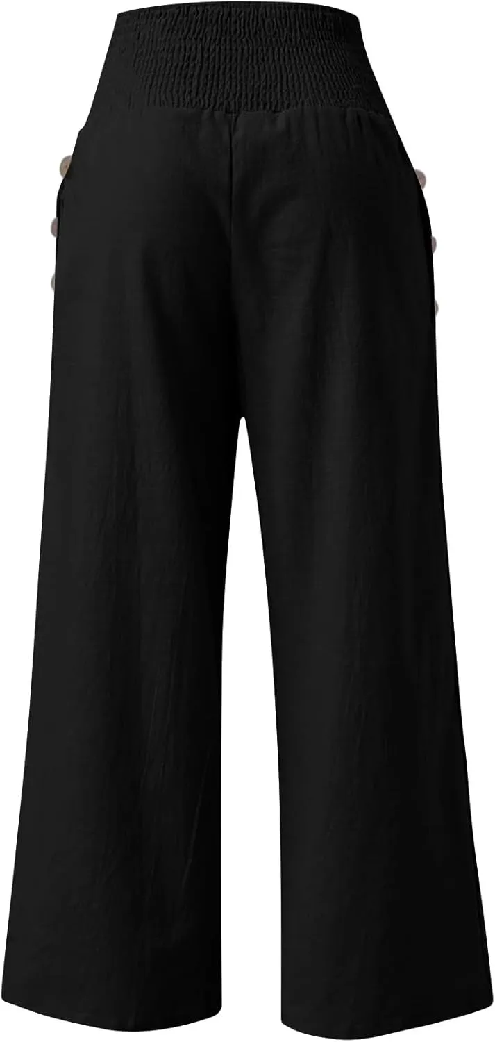 Women Palazzo Linen Pants Casual Summer Smocked Waisted Wide Leg Pants Beach Vacation Lounge Trousers with Pockets