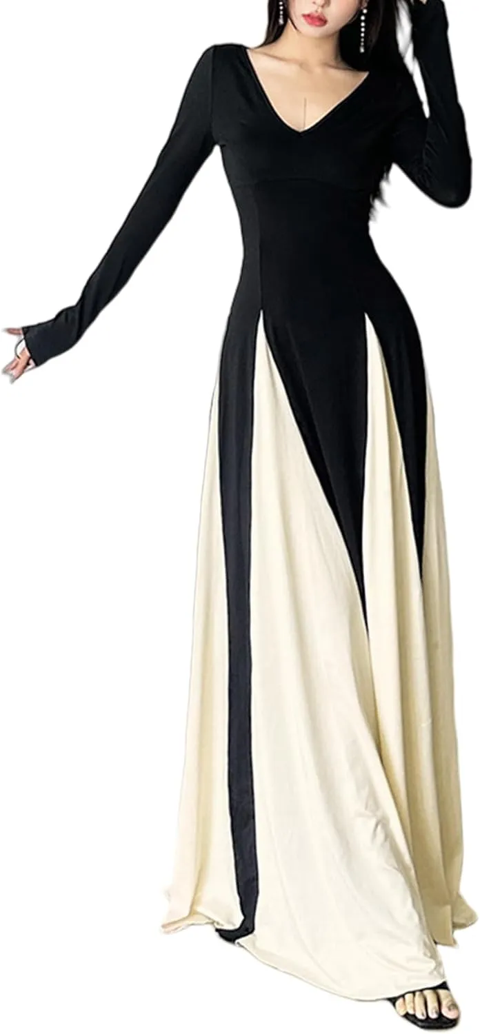 Women Patchwork Maxi Dress V Neck Long Sleeve Flowy Swing Dress Bodycon High Waist A Line Evening Gown Dress