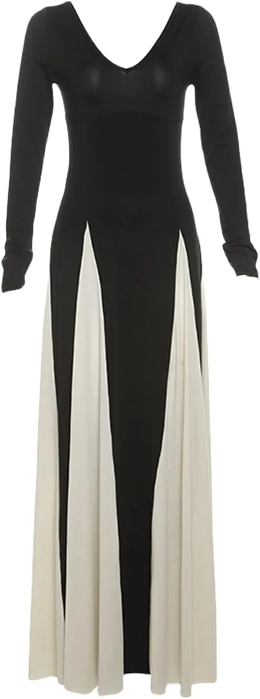 Women Patchwork Maxi Dress V Neck Long Sleeve Flowy Swing Dress Bodycon High Waist A Line Evening Gown Dress