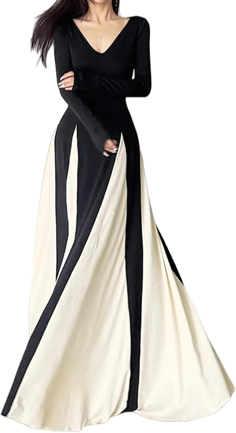 Women Patchwork Maxi Dress V Neck Long Sleeve Flowy Swing Dress Bodycon High Waist A Line Evening Gown Dress