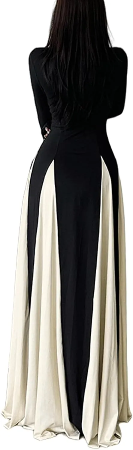Women Patchwork Maxi Dress V Neck Long Sleeve Flowy Swing Dress Bodycon High Waist A Line Evening Gown Dress