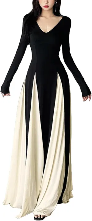 Women Patchwork Maxi Dress V Neck Long Sleeve Flowy Swing Dress Bodycon High Waist A Line Evening Gown Dress