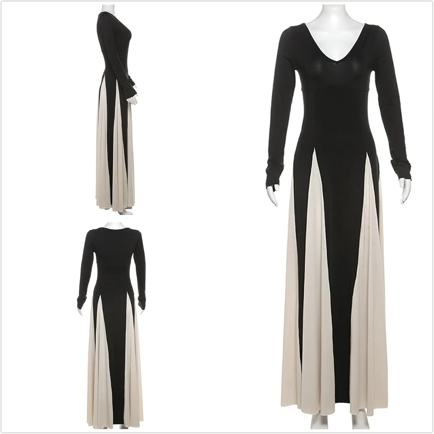 Women Patchwork Maxi Dress V Neck Long Sleeve Flowy Swing Dress Bodycon High Waist A Line Evening Gown Dress