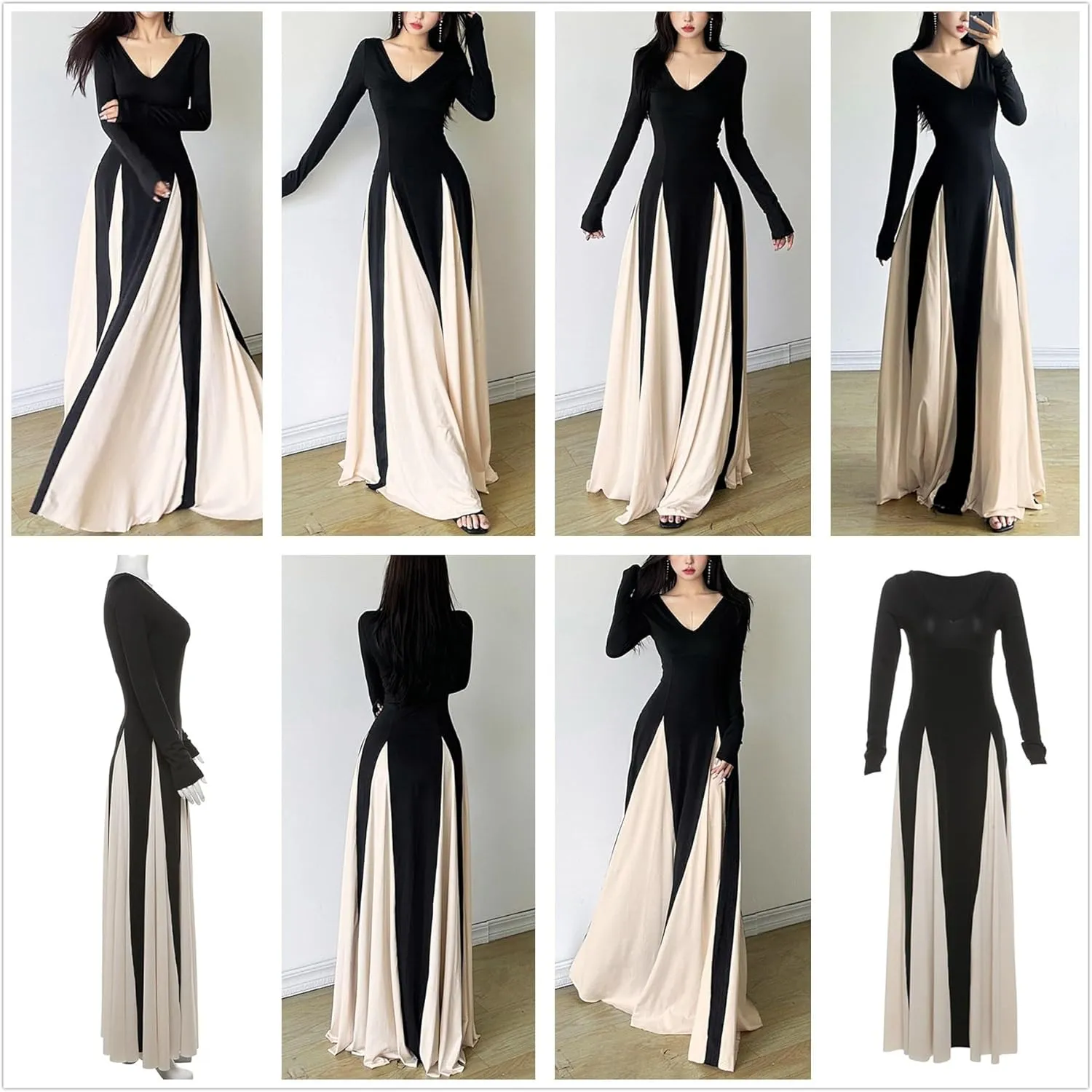 Women Patchwork Maxi Dress V Neck Long Sleeve Flowy Swing Dress Bodycon High Waist A Line Evening Gown Dress