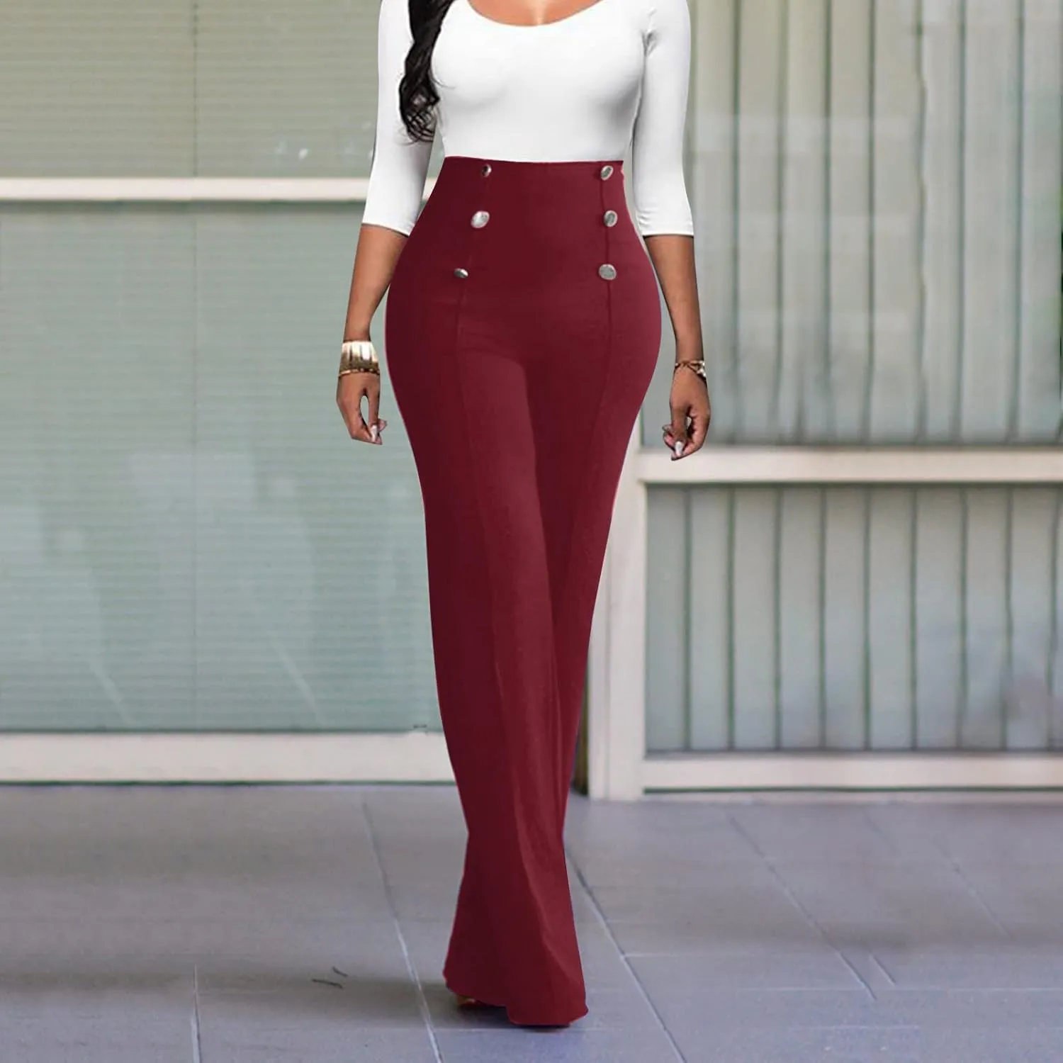 Women Plus Size Button-Down Bootcut Wide Leg Pants Sailor Bell Button Flare Pants Stretchy Long High Waist Business Trousers
