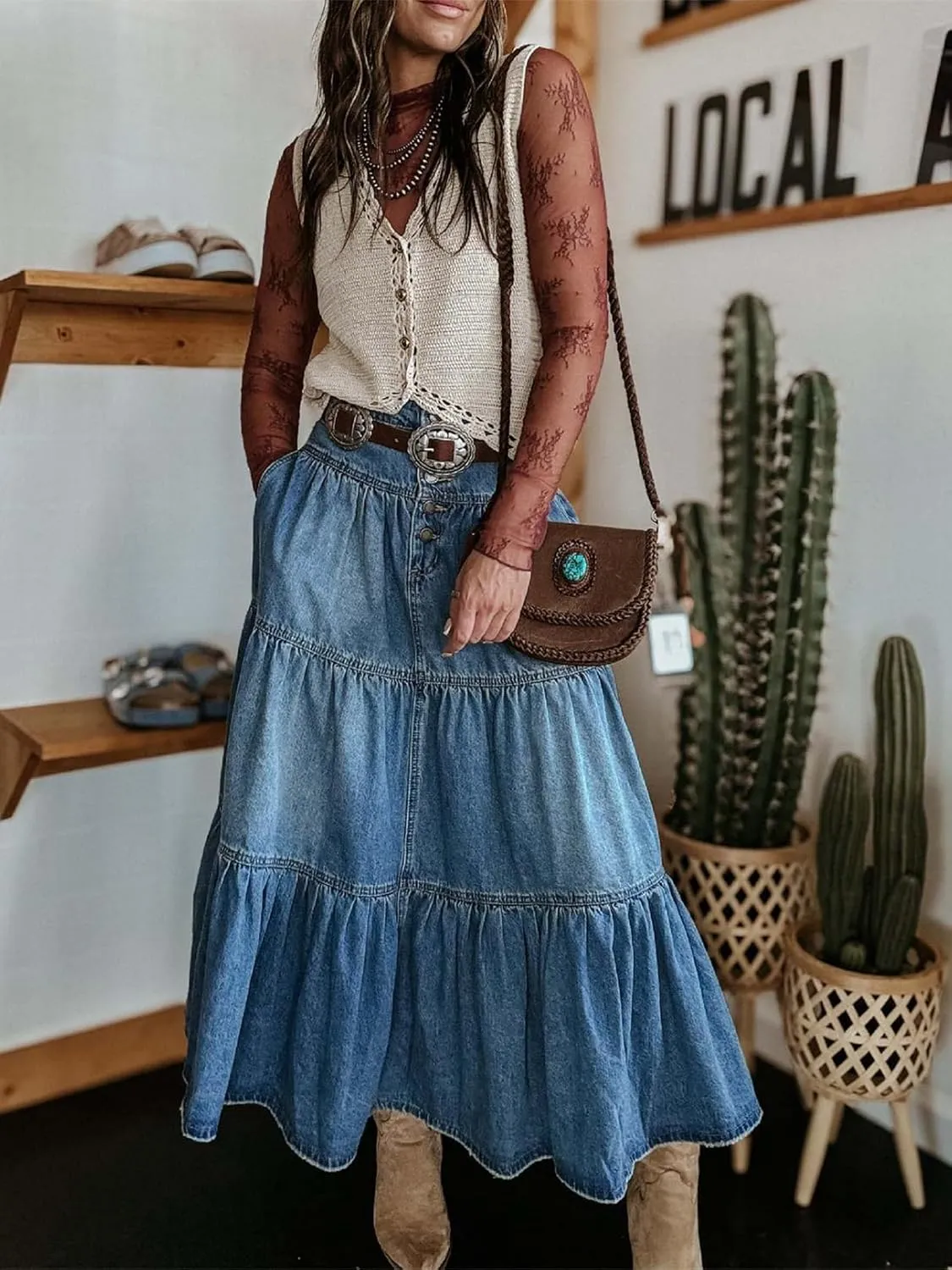 Women Ruffle Denim Long Skirt Y2K Boho High Waist Tiered Flowy Pleated A Line Jean Skirts Vintage Cowboy Maxi Skirt