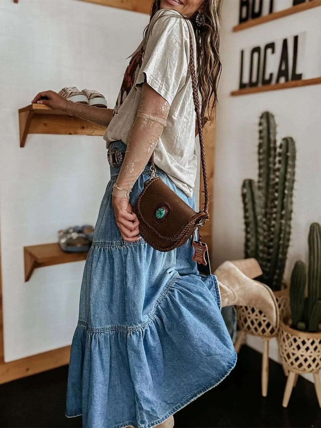 Women Ruffle Denim Long Skirt Y2K Boho High Waist Tiered Flowy Pleated A Line Jean Skirts Vintage Cowboy Maxi Skirt