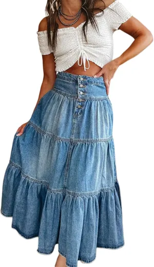 Women Ruffle Denim Long Skirt Y2K Boho High Waist Tiered Flowy Pleated A Line Jean Skirts Vintage Cowboy Maxi Skirt