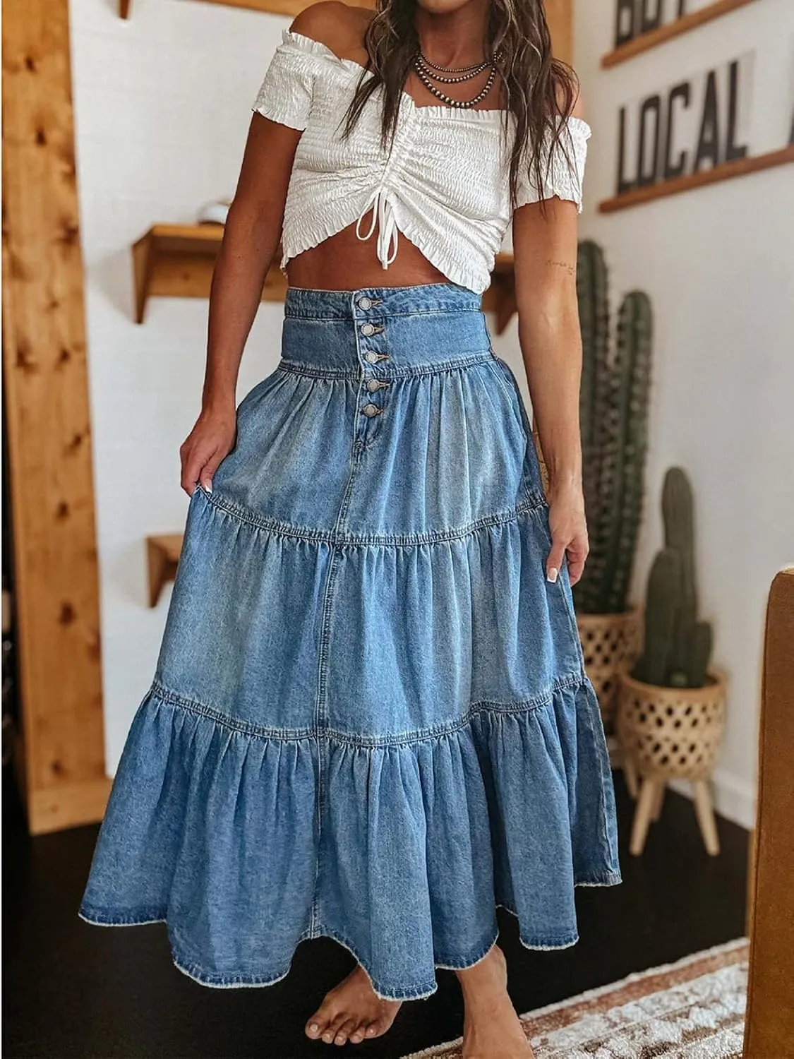Women Ruffle Denim Long Skirt Y2K Boho High Waist Tiered Flowy Pleated A Line Jean Skirts Vintage Cowboy Maxi Skirt