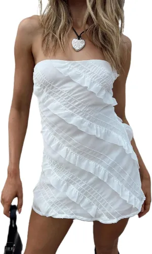 Women Ruffle Strapless Tube Mini Dress Y2k Fairy Off Shoulder Bandeau Dress Frill Trim Bodycon Aline Streetwear