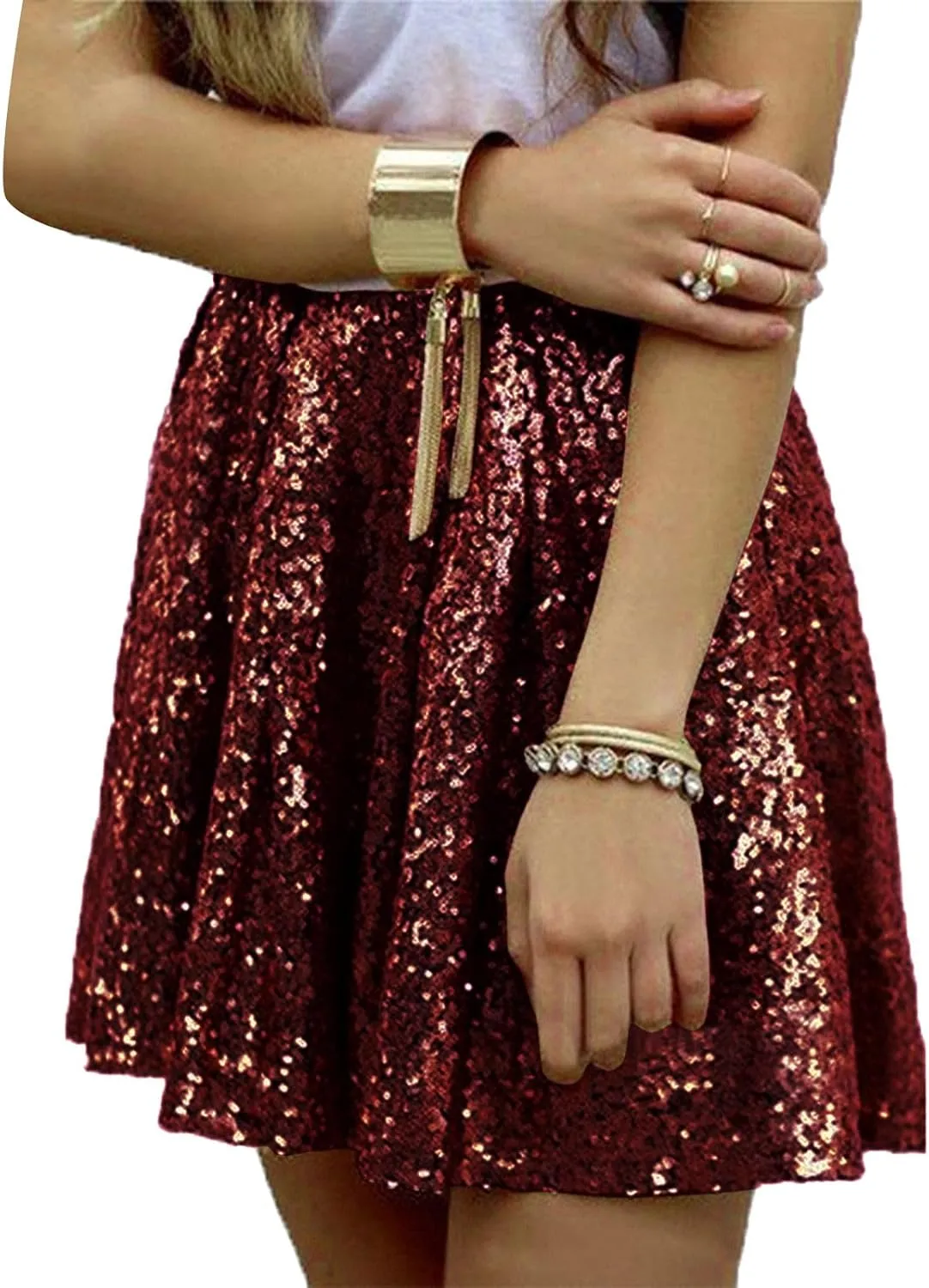 Women Sequin Pleated Midi Skirt Sparkly Cute High Waist Shiny Glitter Short Skirts Night Out Club Party Skirts