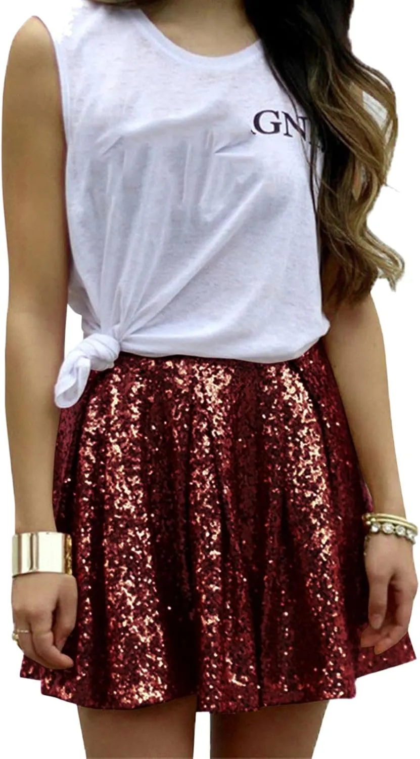 Women Sequin Pleated Midi Skirt Sparkly Cute High Waist Shiny Glitter Short Skirts Night Out Club Party Skirts
