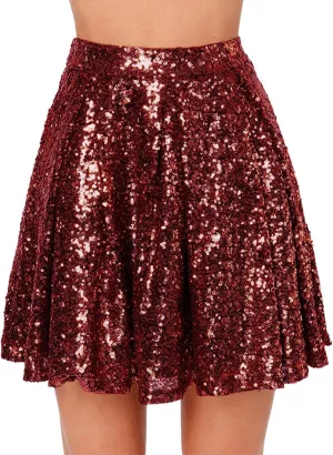 Women Sequin Pleated Midi Skirt Sparkly Cute High Waist Shiny Glitter Short Skirts Night Out Club Party Skirts