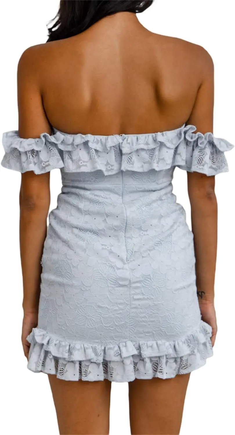 Women Sexy Bodycon Mini Dresses Lace Ruffles Off Shoulder Backless Cocktail Party Dress Clubwear