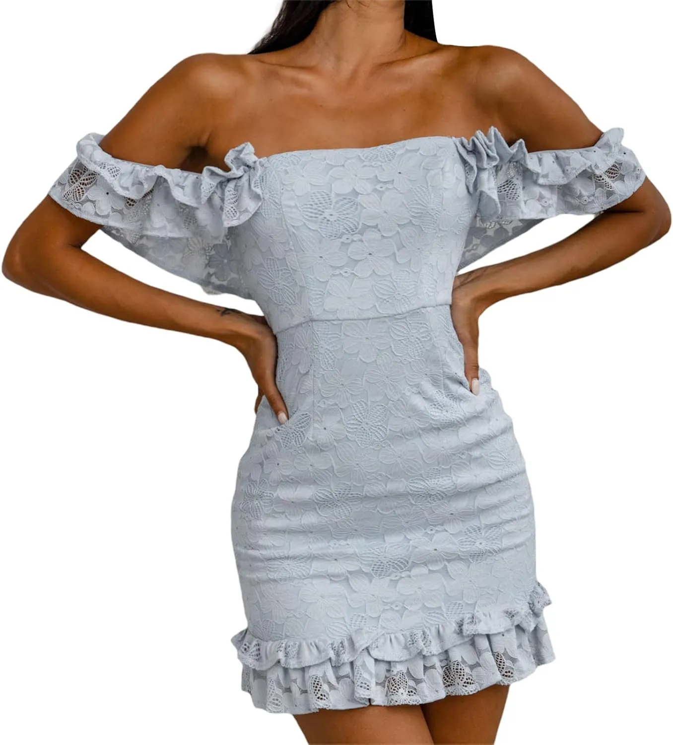 Women Sexy Bodycon Mini Dresses Lace Ruffles Off Shoulder Backless Cocktail Party Dress Clubwear
