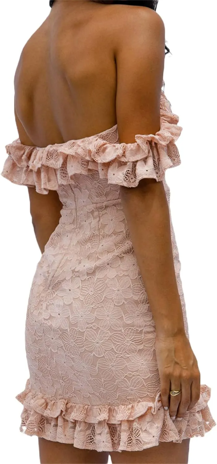 Women Sexy Bodycon Mini Dresses Lace Ruffles Off Shoulder Backless Cocktail Party Dress Clubwear