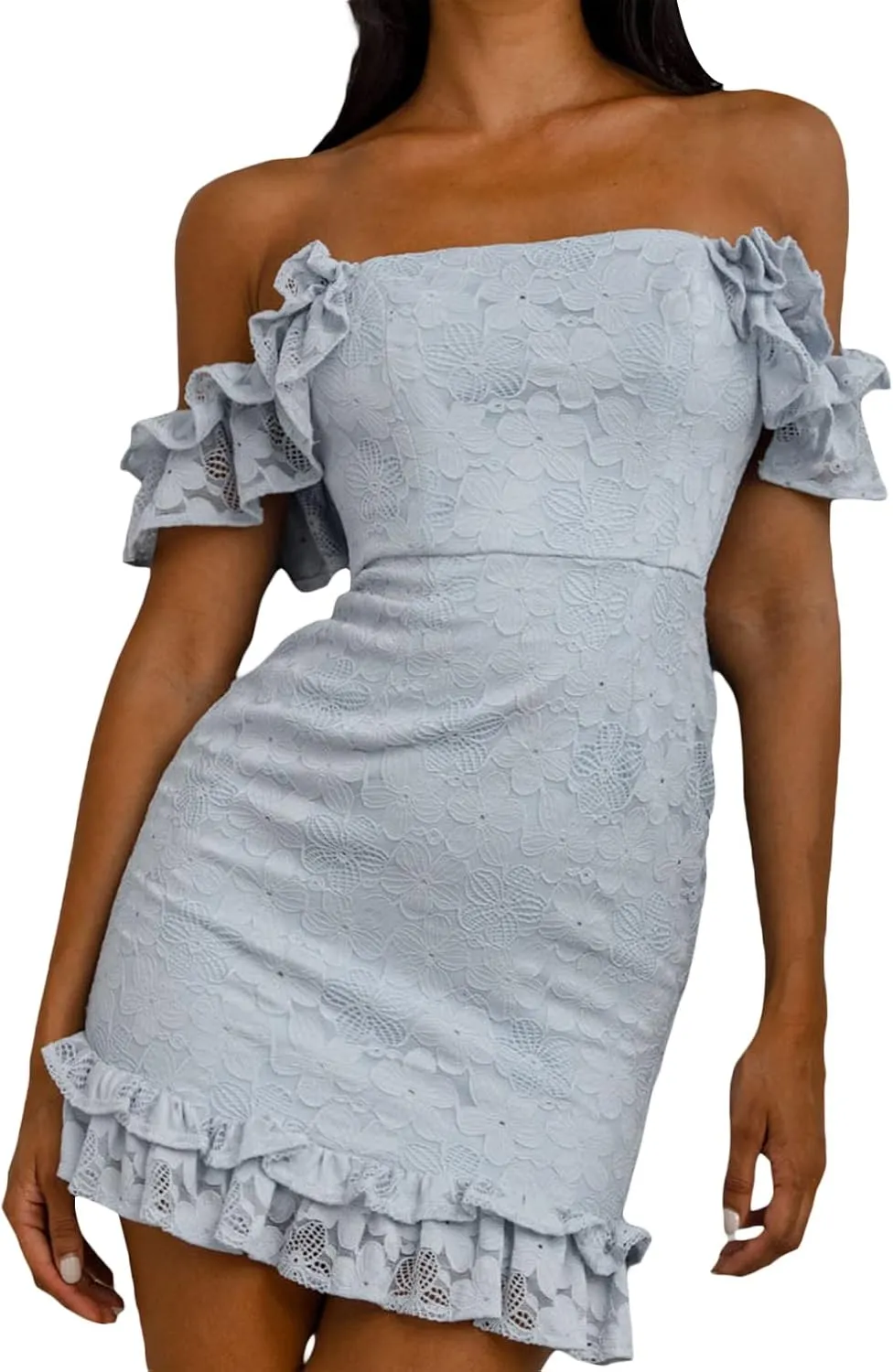 Women Sexy Bodycon Mini Dresses Lace Ruffles Off Shoulder Backless Cocktail Party Dress Clubwear