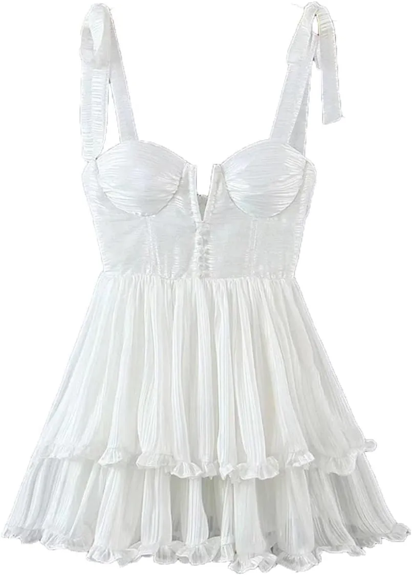 Women Sleeveless Ruffle Cake Dress Floral Print Spaghetti Strap Holiday Party Mini Dresses