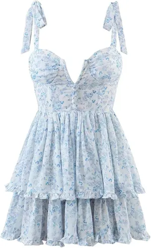 Women Sleeveless Ruffle Cake Dress Floral Print Spaghetti Strap Holiday Party Mini Dresses