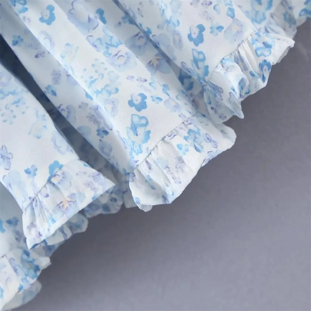 Women Sleeveless Ruffle Cake Dress Floral Print Spaghetti Strap Holiday Party Mini Dresses