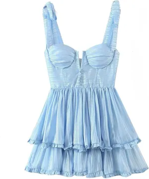 Women Sleeveless Ruffle Cake Dress Floral Print Spaghetti Strap Holiday Party Mini Dresses