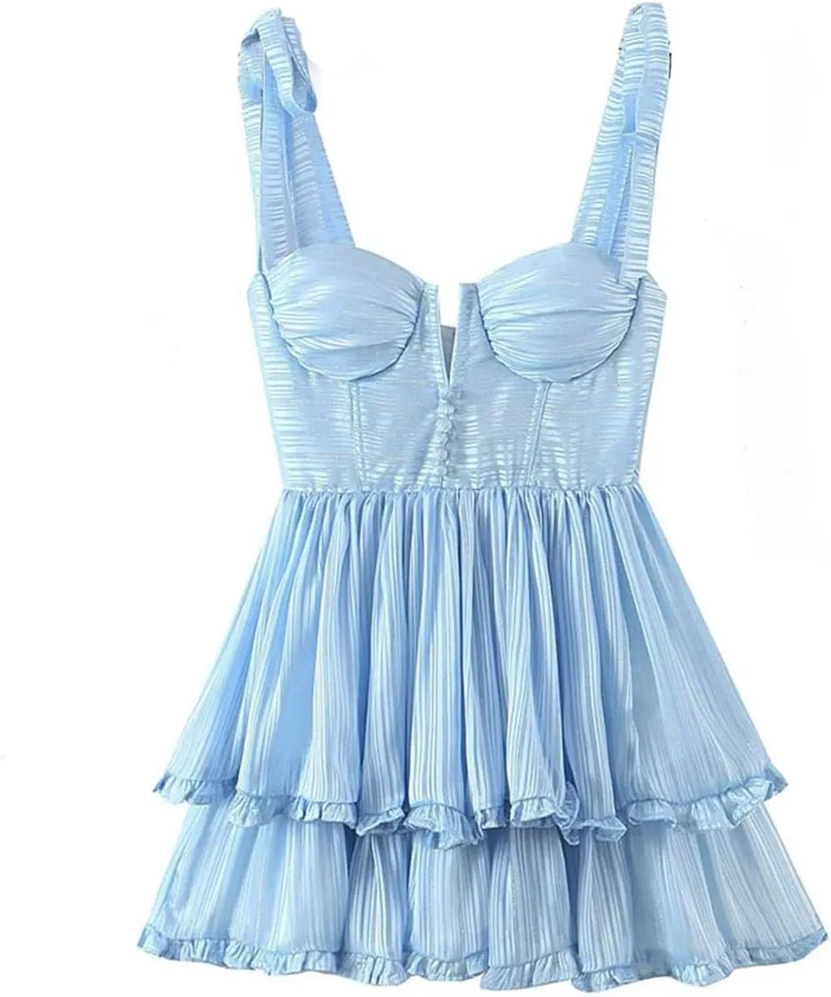 Women Sleeveless Ruffle Cake Dress Floral Print Spaghetti Strap Holiday Party Mini Dresses