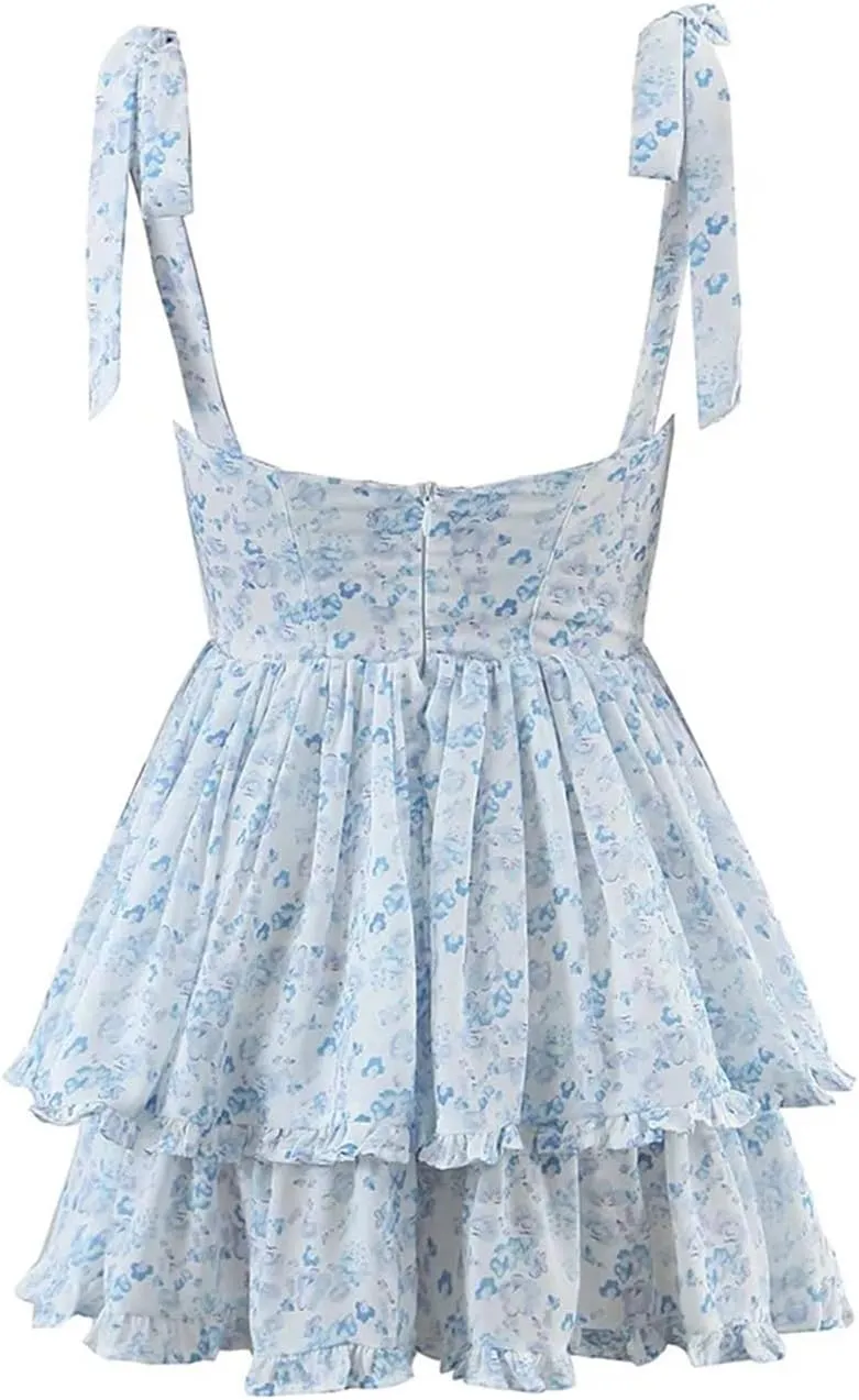Women Sleeveless Ruffle Cake Dress Floral Print Spaghetti Strap Holiday Party Mini Dresses