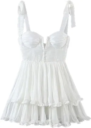 Women Sleeveless Ruffle Cake Dress Floral Print Spaghetti Strap Holiday Party Mini Dresses