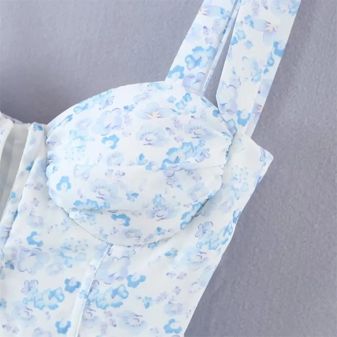 Women Sleeveless Ruffle Cake Dress Floral Print Spaghetti Strap Holiday Party Mini Dresses