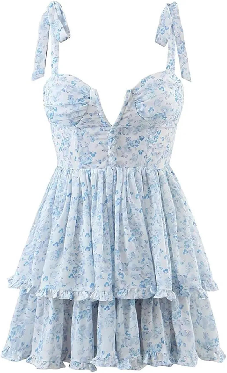 Women Sleeveless Ruffle Cake Dress Floral Print Spaghetti Strap Holiday Party Mini Dresses