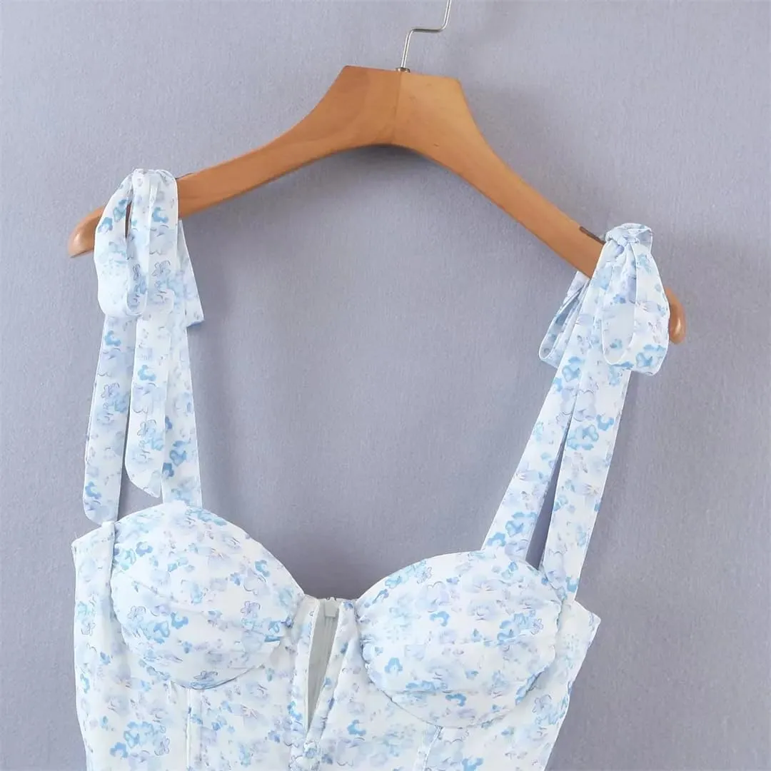 Women Sleeveless Ruffle Cake Dress Floral Print Spaghetti Strap Holiday Party Mini Dresses