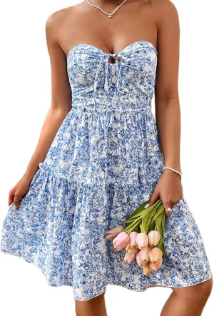 Women Strapless Mini Dress Floral Print Tie-Up Front Tube Flowy Ruffle Backless Casual Beach Short Sun Dress
